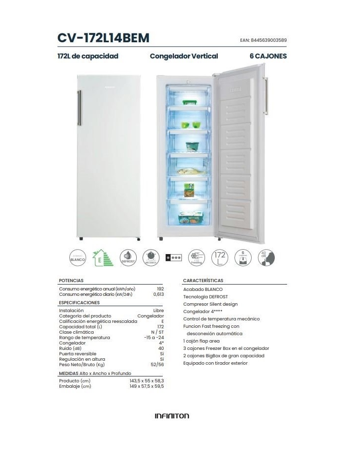 Congelador vertical Infiniton CV-172L14BEM, 172 l, E, Cíclico, 6 gavetas - Image 4