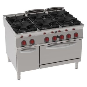 EURAST – Fogão a gás de 6 queimadores 1 forno estático a gás gn 2/1 – 1200x900x900 mm – 47 Kw – 34330313